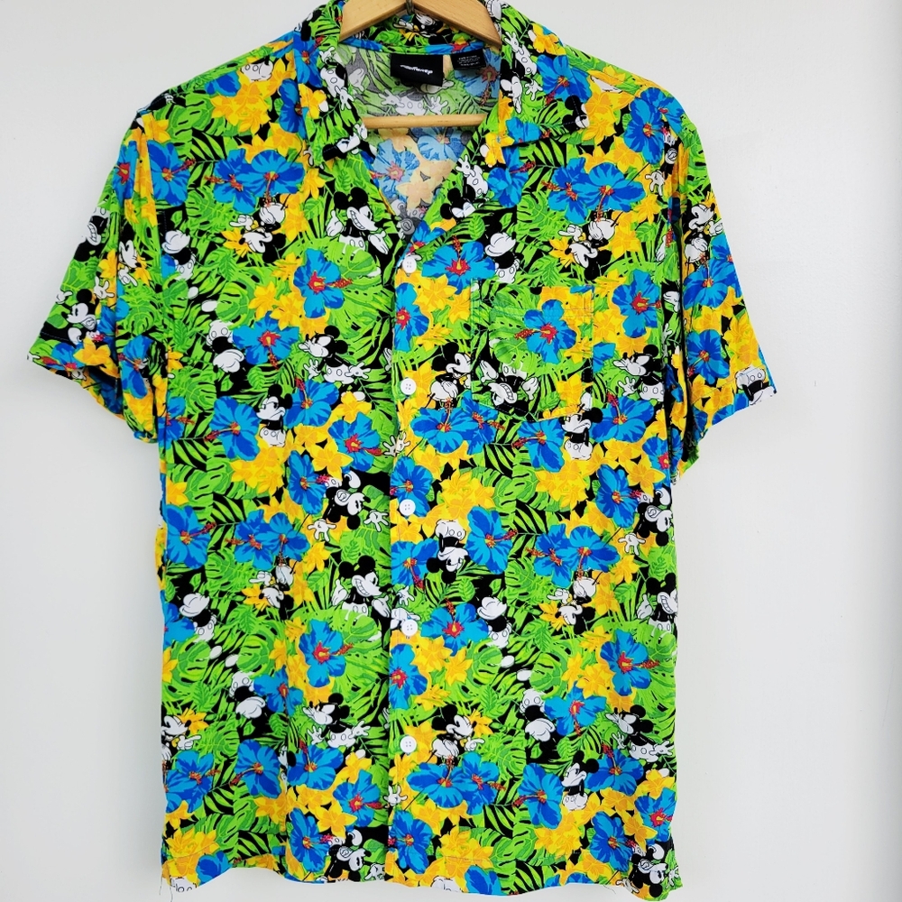 Disney Mens Green Mickey Mouse Print Hawaiian Coastal Aloha Beach Size Small
